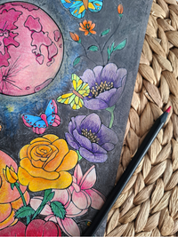 Colorful moon, butterfly and flower illustrations on a textured surface with a pencil.