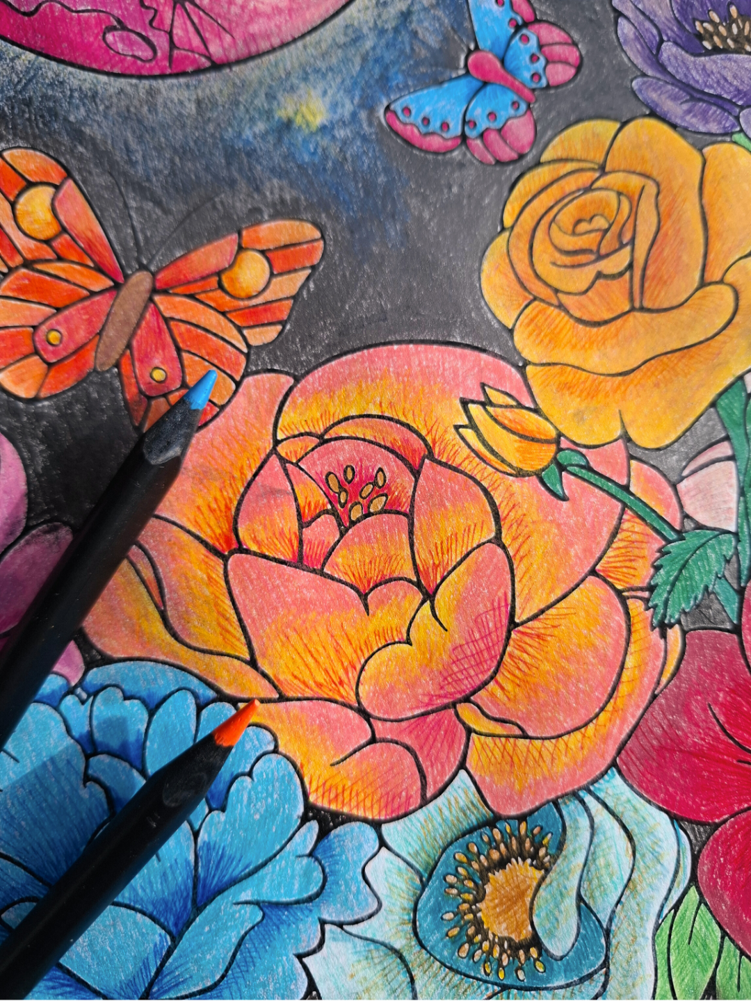 Colorful floral and butterfly illustration with a coloring pencil.