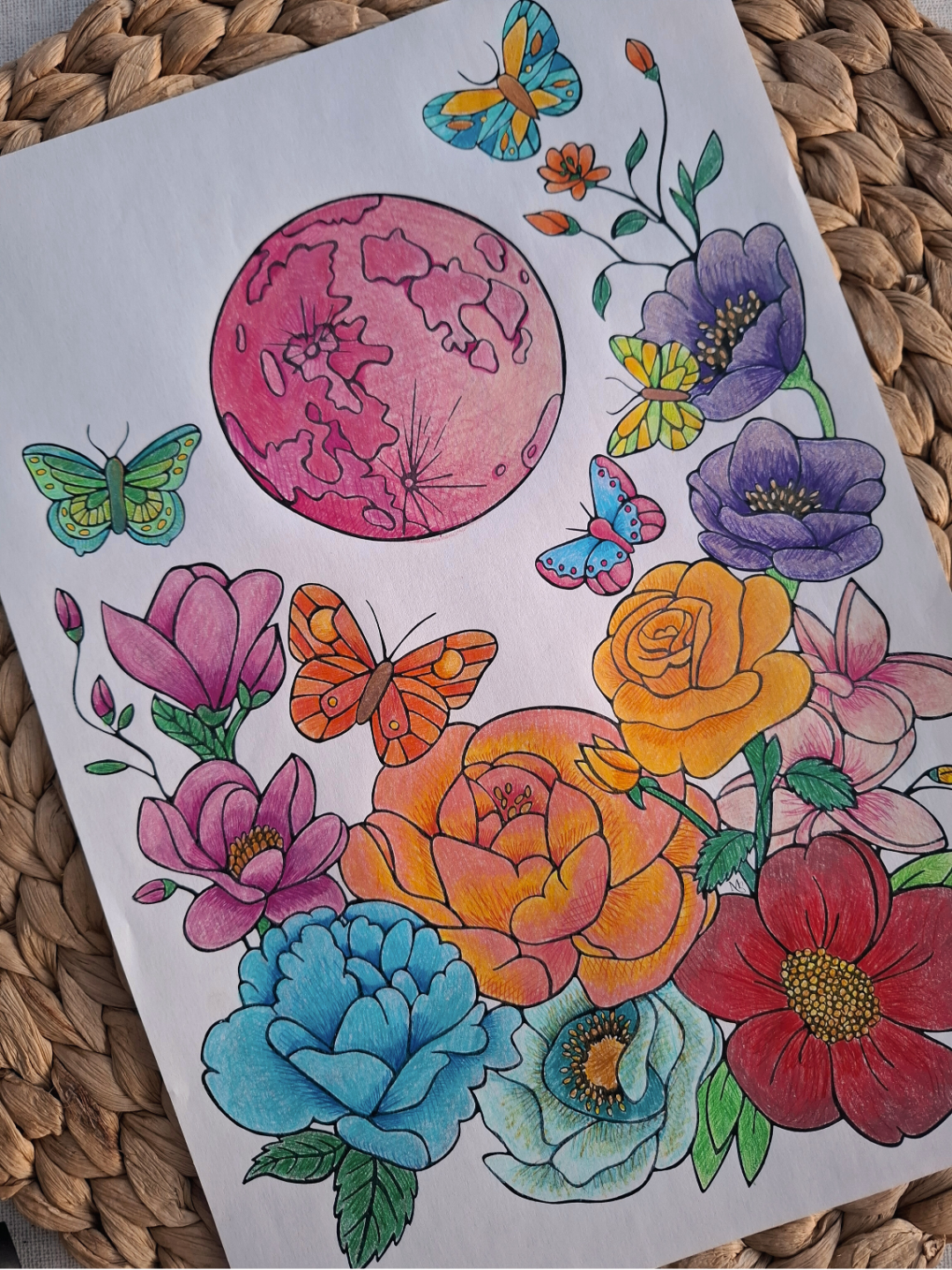 Colorful moon floral and butterfly illustration on a textured woven surface