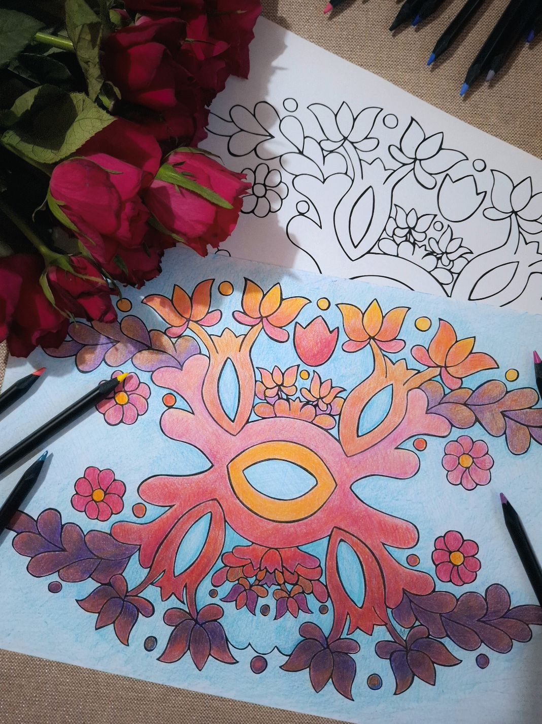 Hungarian folk motif tree of life floral coloring page blank and colorful with pencils and roses.