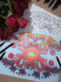 Hungarian folk motif tree of life floral coloring page blank and colorful with pencils and roses.