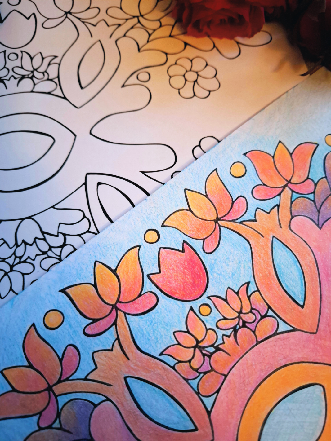 Hungarian folk motif tree of life floral coloring page blank and colorful.